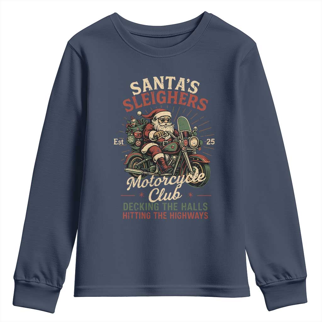 Funny Christmas Motorcycle Biker Youth Sweatshirt Santas Sleighers Motorcycle Club Decking The Halls TS11 Navy Print Your Wear