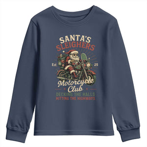 Funny Christmas Motorcycle Biker Youth Sweatshirt Santas Sleighers Motorcycle Club Decking The Halls TS11 Navy Print Your Wear
