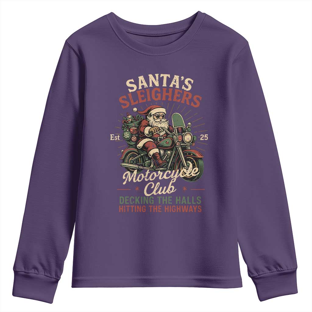 Funny Christmas Motorcycle Biker Youth Sweatshirt Santas Sleighers Motorcycle Club Decking The Halls TS11 Purple Print Your Wear