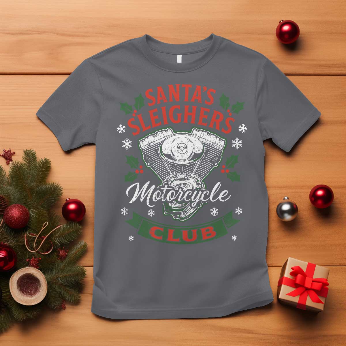 Christmas Motorcycle Biker T Shirt Santas Sleighers Motorcycle Club TS11 Charcoal Print Your Wear