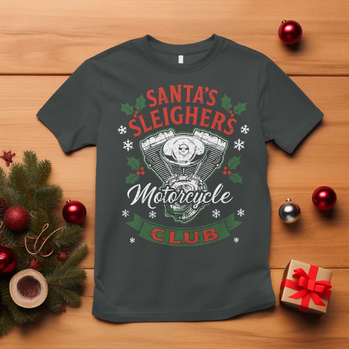 Christmas Motorcycle Biker T Shirt Santas Sleighers Motorcycle Club TS11 Dark Heather Print Your Wear
