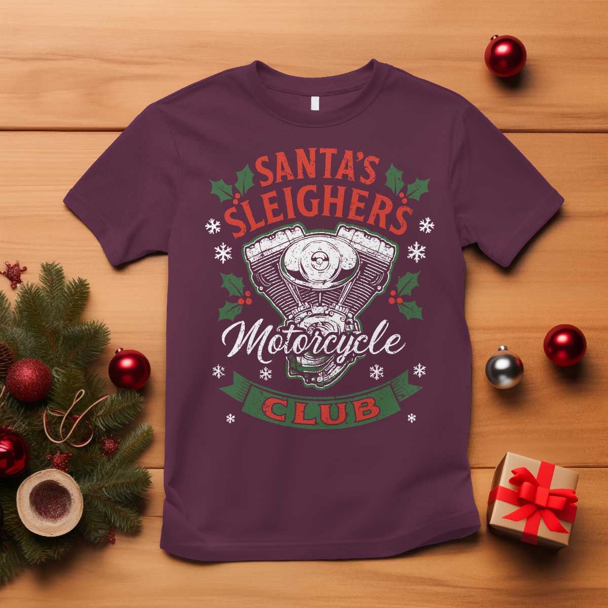 Christmas Motorcycle Biker T Shirt Santas Sleighers Motorcycle Club TS11 Maroon Print Your Wear