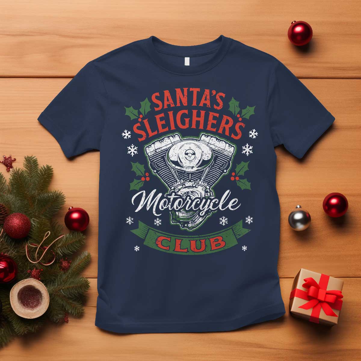 Christmas Motorcycle Biker T Shirt Santas Sleighers Motorcycle Club TS11 Navy Print Your Wear