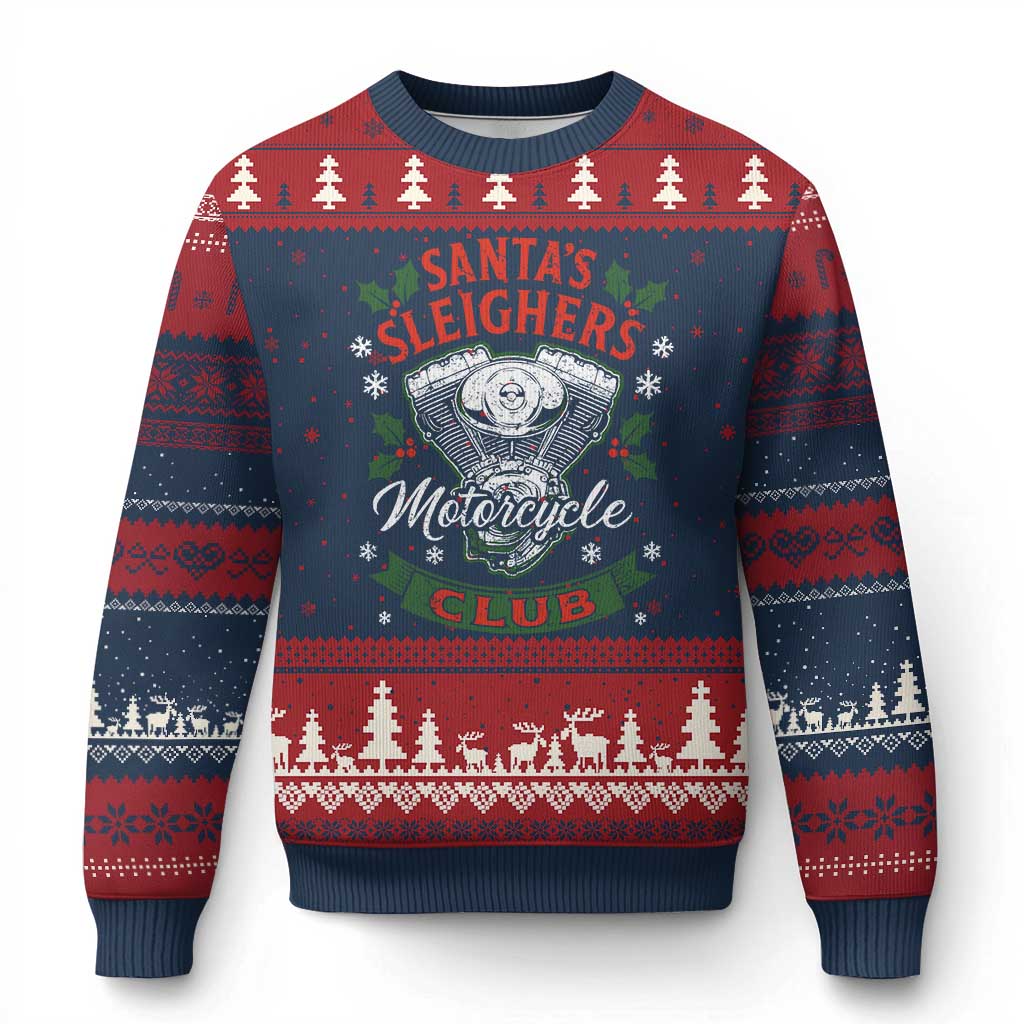 Xmas Motorcycle Biker Ugly Christmas Sweater Santas Sleighers Motorcycle Club TS11 Navy Red Print Your Wear