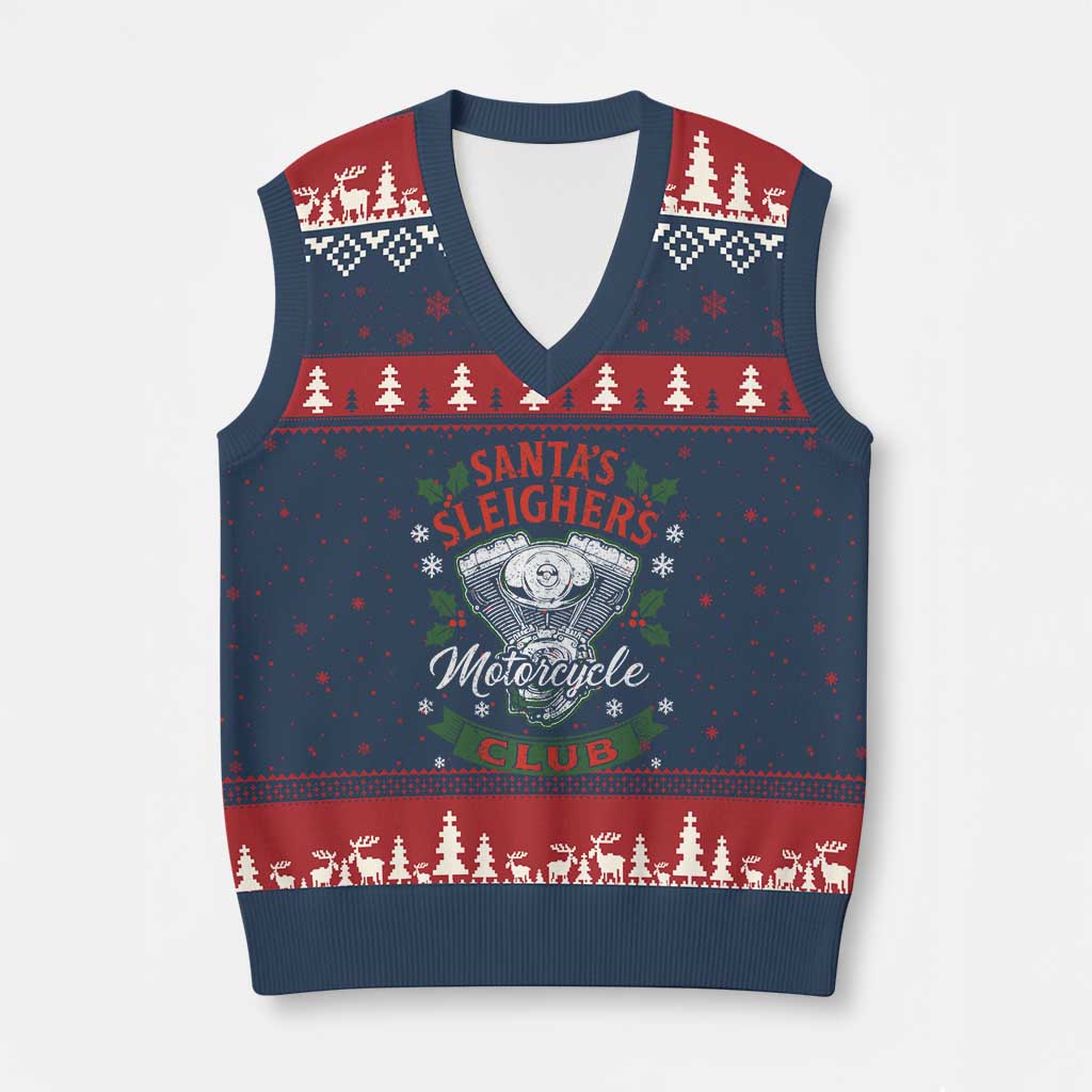 Xmas Motorcycle Biker V-Neck Knit Sweater Vest Santas Sleighers Motorcycle Club TS11 Navy Red Print Your Wear