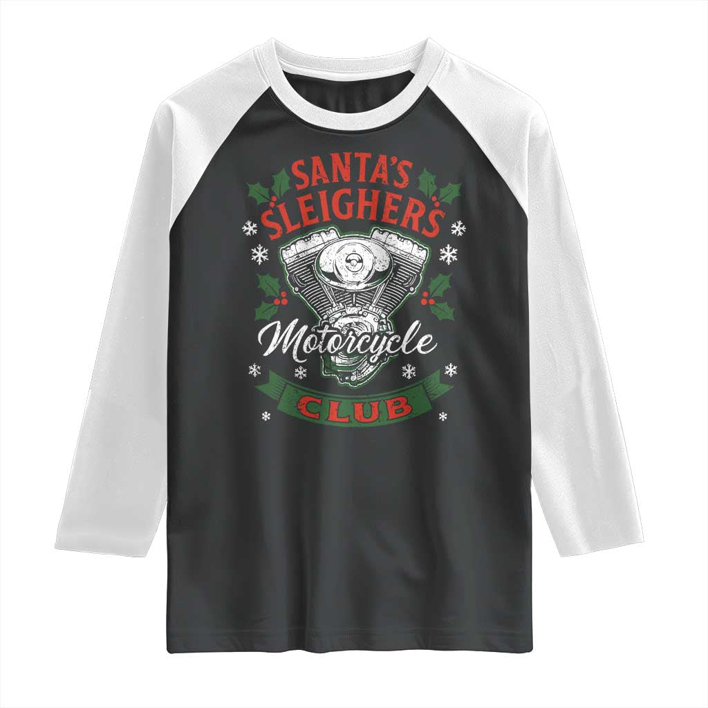 Christmas Motorcycle Biker Raglan Shirt Santas Sleighers Motorcycle Club TS11 Black White Print Your Wear