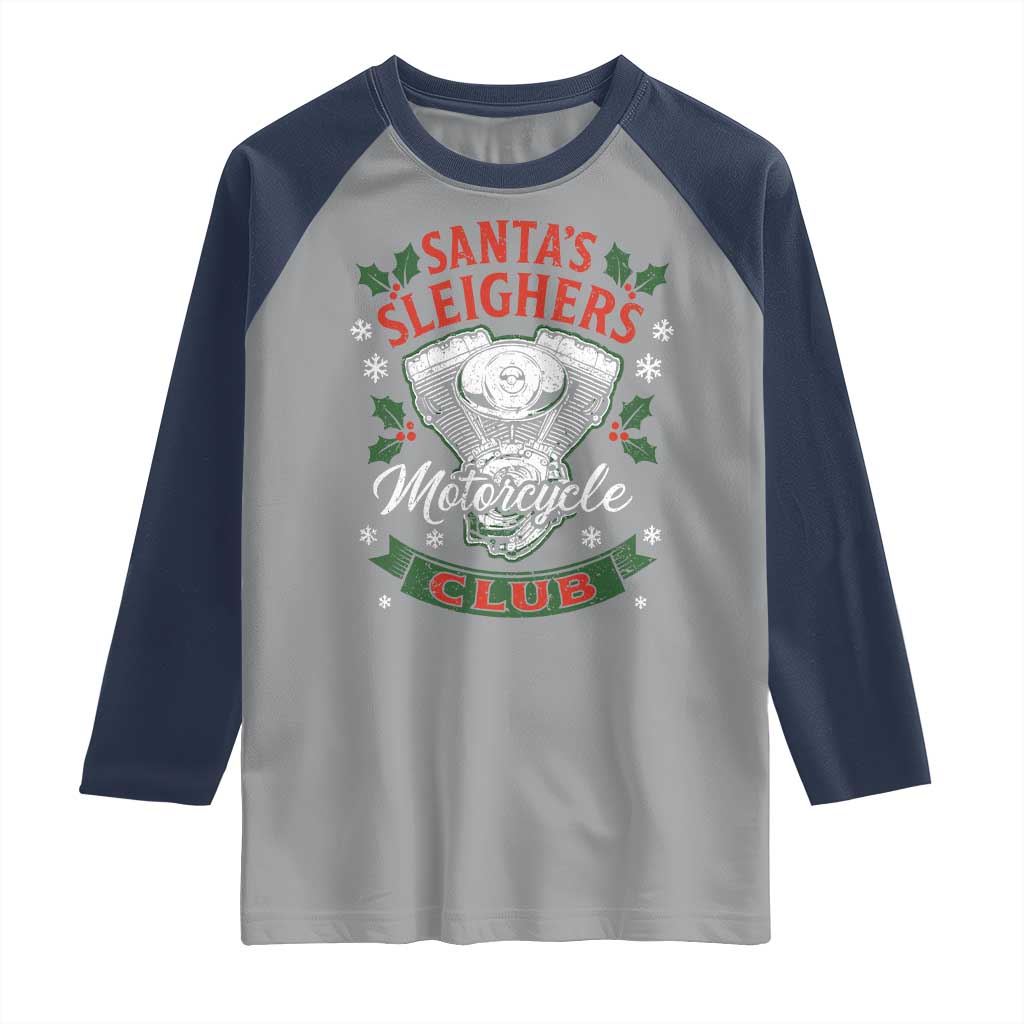 Christmas Motorcycle Biker Raglan Shirt Santas Sleighers Motorcycle Club TS11 Sport Gray Navy Print Your Wear