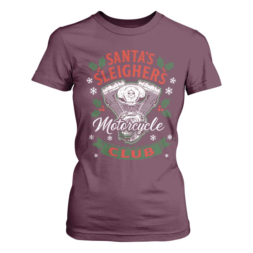 Christmas Motorcycle Biker T Shirt For Women Santas Sleighers Motorcycle Club TS11 Maroon Print Your Wear
