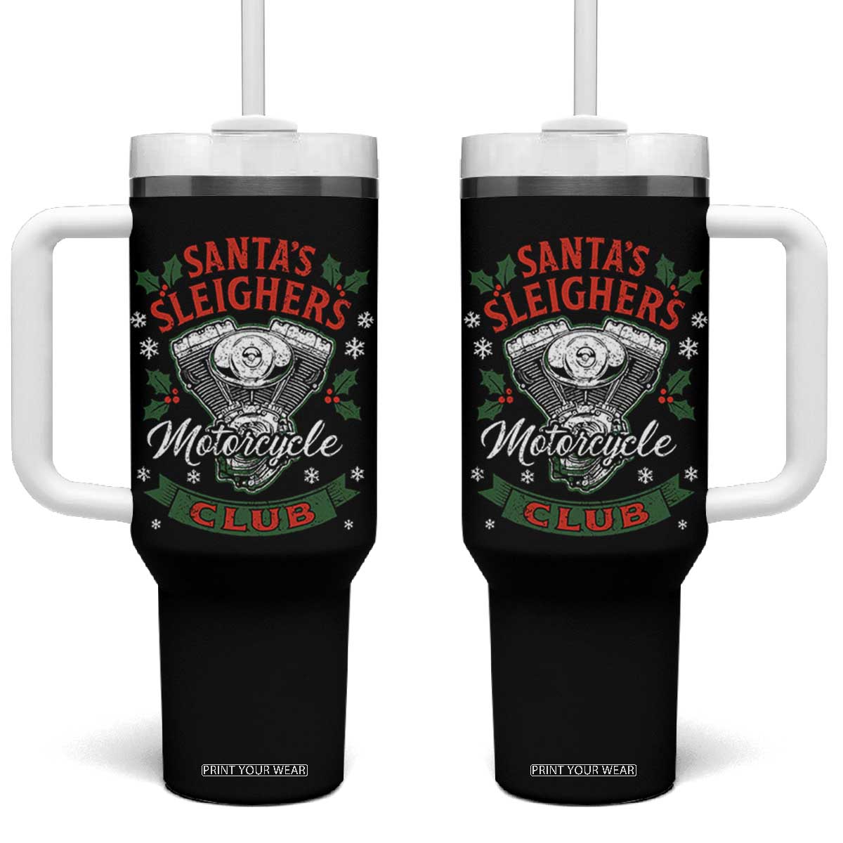 Christmas Motorcycle Biker Tumbler With Handle Santas Sleighers Motorcycle Club TS11 One Size: 40 oz Black Print Your Wear