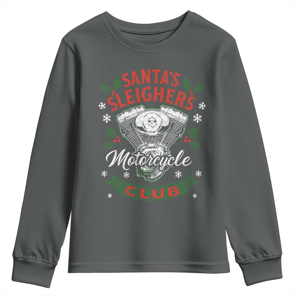 Christmas Motorcycle Biker Youth Sweatshirt Santas Sleighers Motorcycle Club TS11 Dark Heather Print Your Wear
