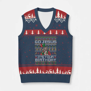 Funny Go Jesus Its Your Birthday V-Neck Knit Sweater Vest Xmas Christian Religious God TS11 Navy Red Print Your Wear