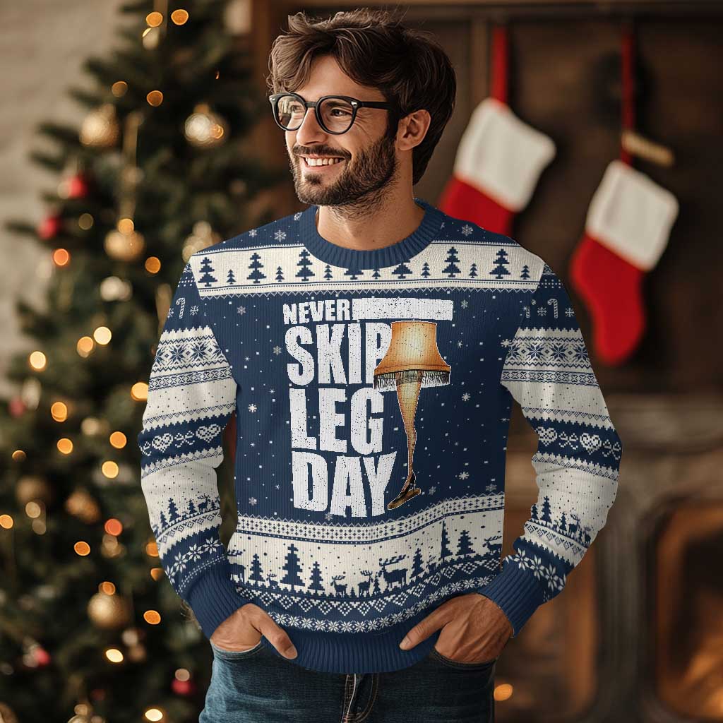 Funny Never Skip Leg Day Xmas Movie Ugly Christmas Sweater Italian Leg Lamp TS11 Navy Beige Print Your Wear