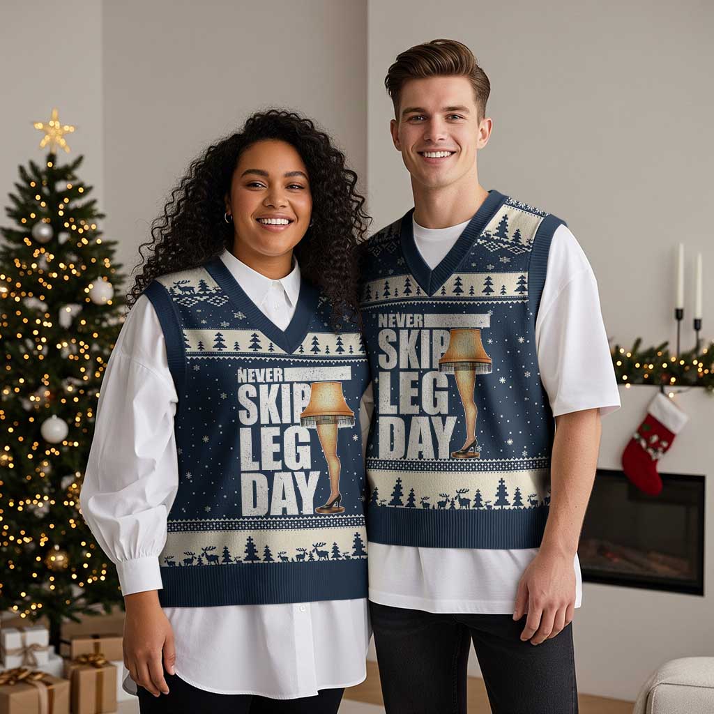 Funny Never Skip Leg Day Xmas Movie V-Neck Knit Sweater Vest Italian Leg Lamp TS11 Navy Beige Print Your Wear