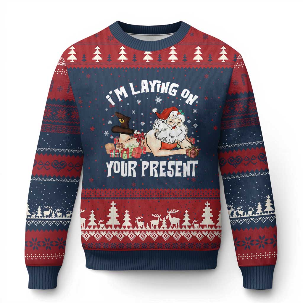 Funny Naughty Xmas Santa Ugly Christmas Sweater I'm Laying On Your Present TS11 Navy Red Print Your Wear
