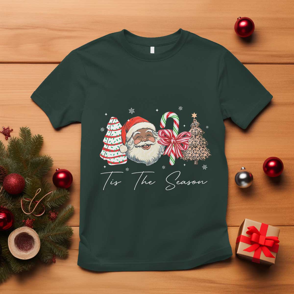 Funny Black Christmas T Shirt Tis The Season African American Santa TS11 Dark Forest Green Print Your Wear