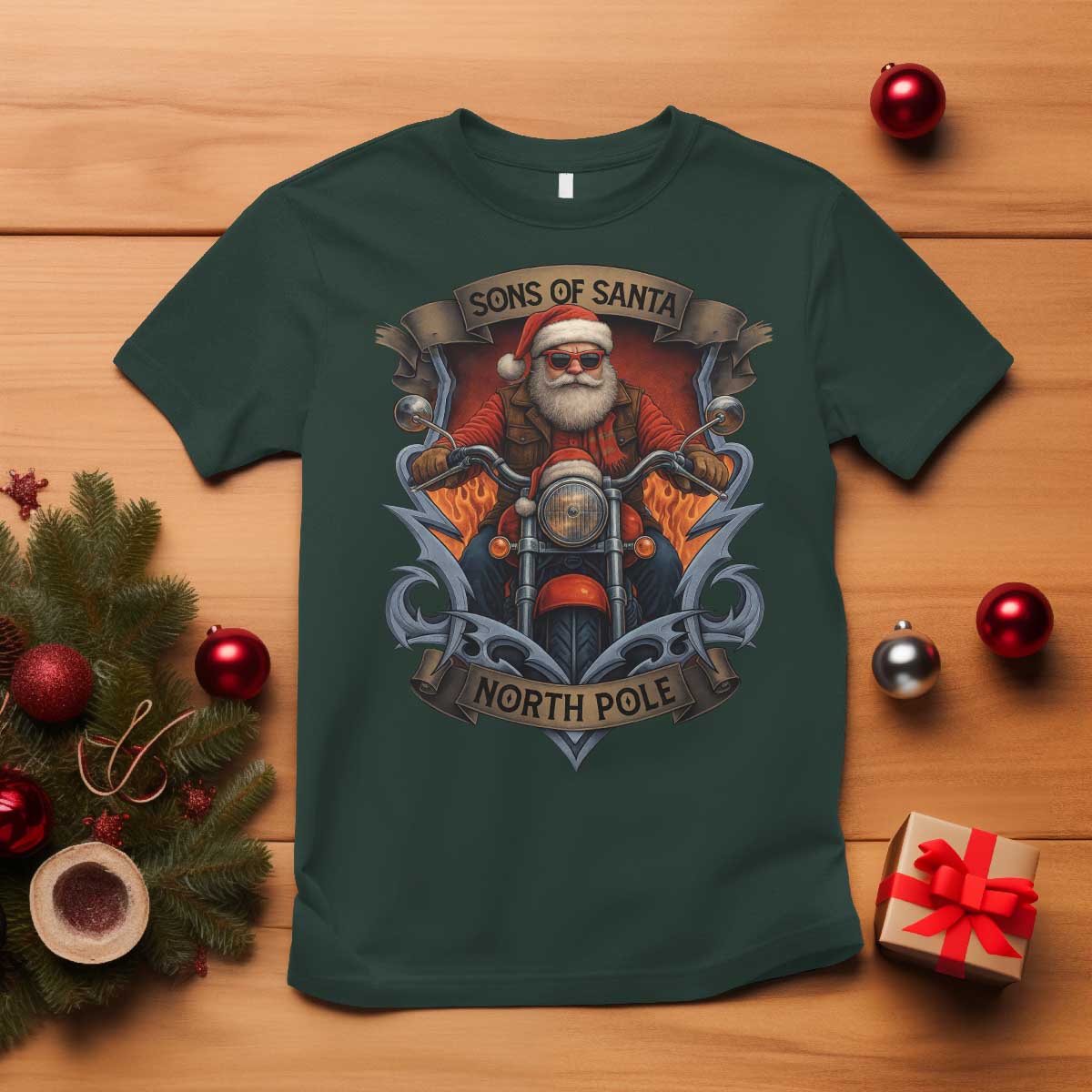 Funny Christmas Motorcycle Santa T Shirt Sons Of Santa North Pole Xmas Biker TS11 Dark Forest Green Print Your Wear