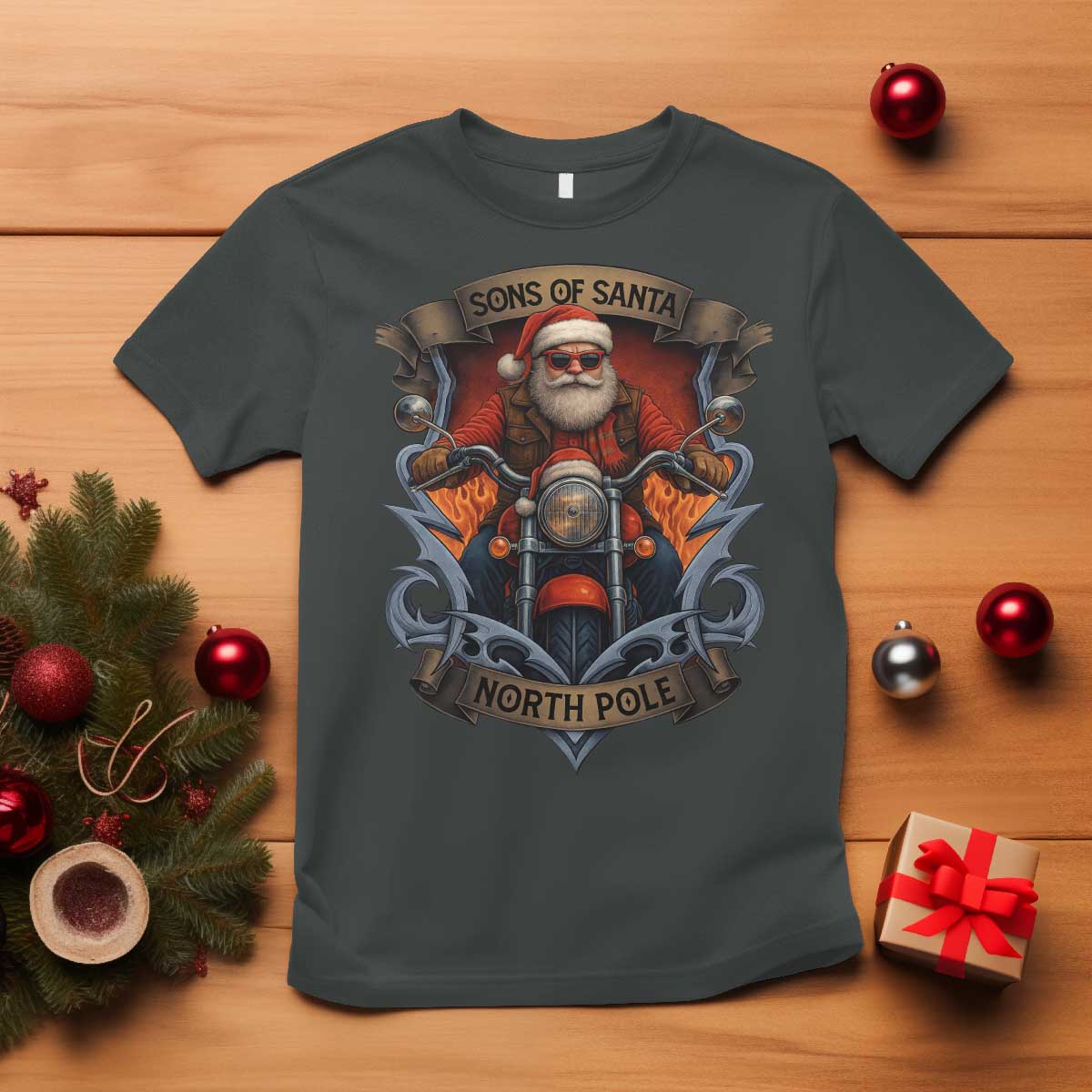 Funny Christmas Motorcycle Santa T Shirt Sons Of Santa North Pole Xmas Biker TS11 Dark Heather Print Your Wear