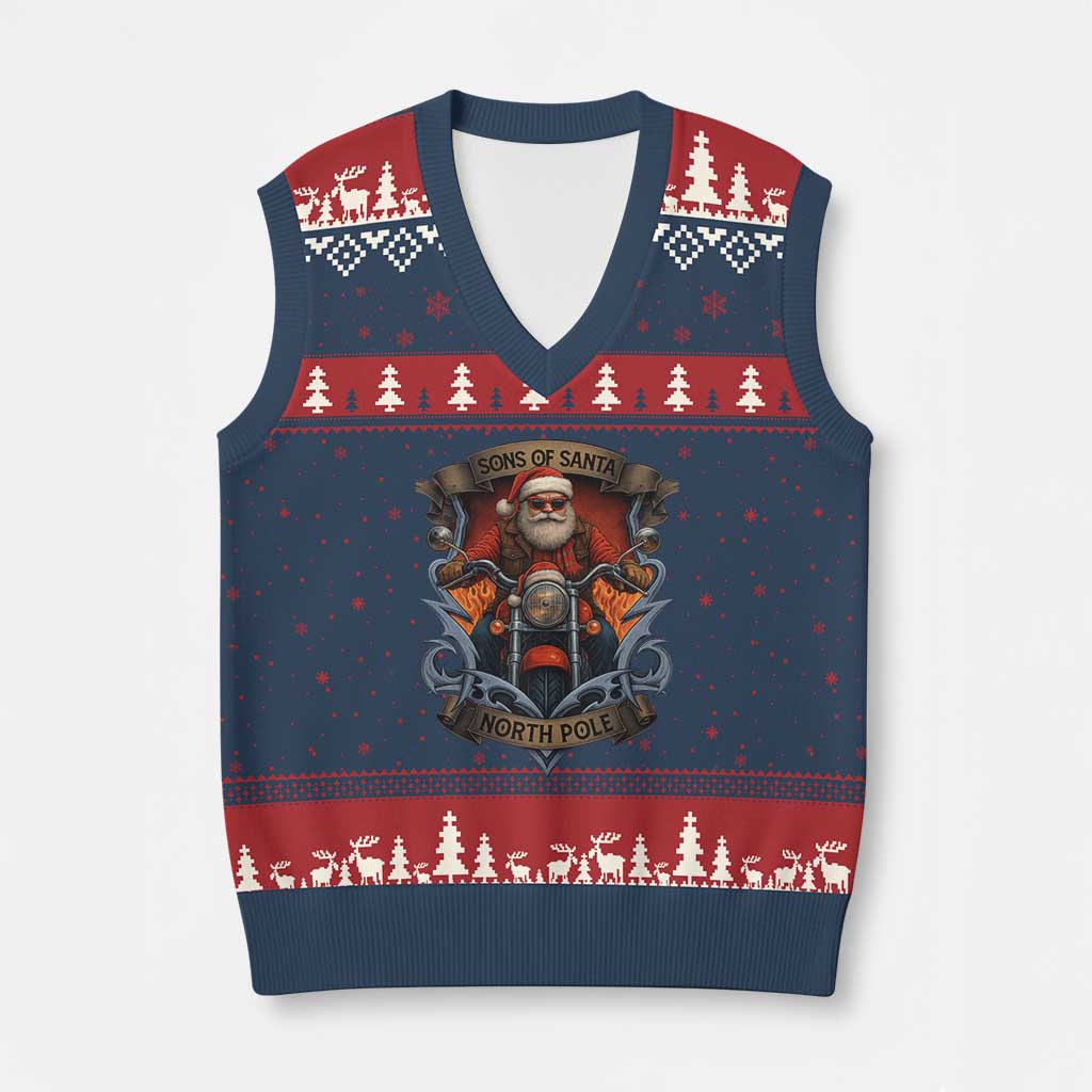 Funny Xmas Motorcycle Santa V-Neck Knit Sweater Vest Sons Of Santa North Pole Xmas Biker TS11 Navy Red Print Your Wear