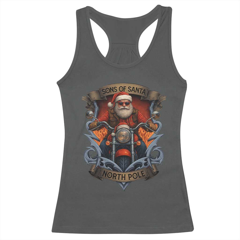 Funny Christmas Motorcycle Santa Racerback Tank Top Sons Of Santa North Pole Xmas Biker TS11 Dark Heather Print Your Wear
