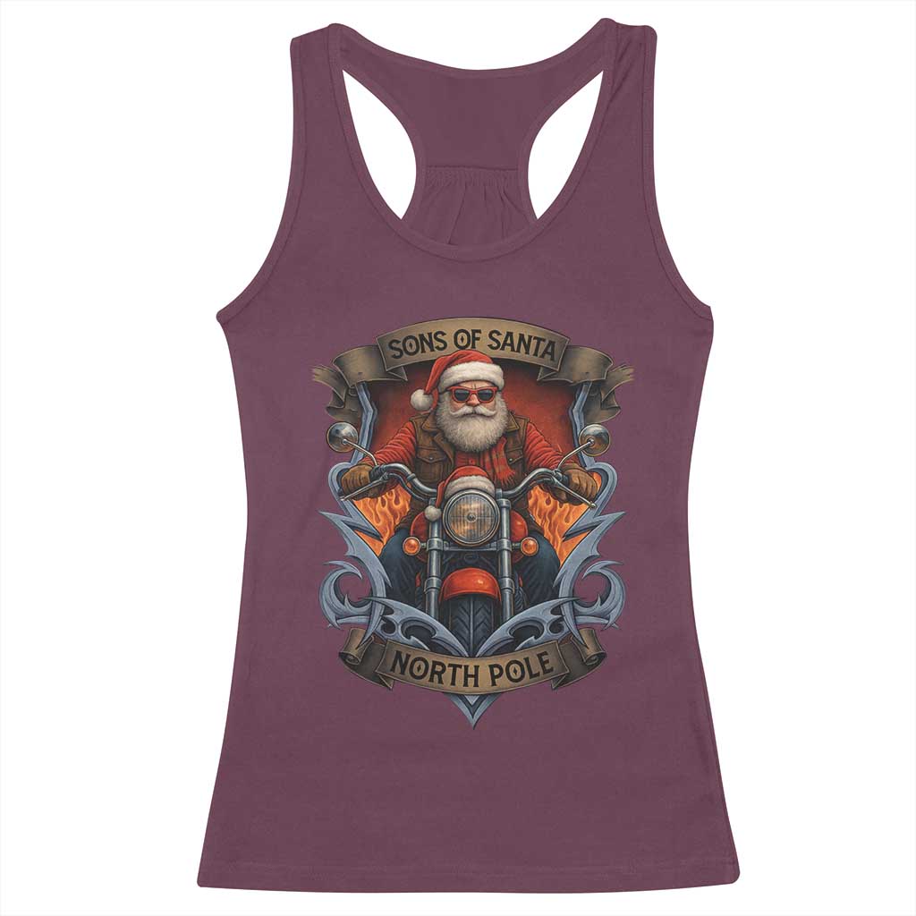 Funny Christmas Motorcycle Santa Racerback Tank Top Sons Of Santa North Pole Xmas Biker TS11 Maroon Print Your Wear