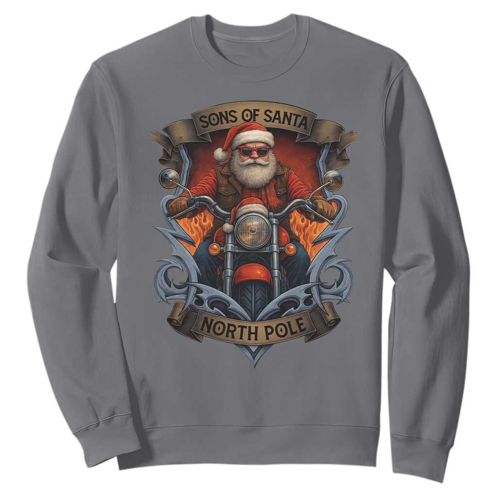 Funny Christmas Motorcycle Santa Sweatshirt Sons Of Santa North Pole Xmas Biker TS11 Charcoal Print Your Wear