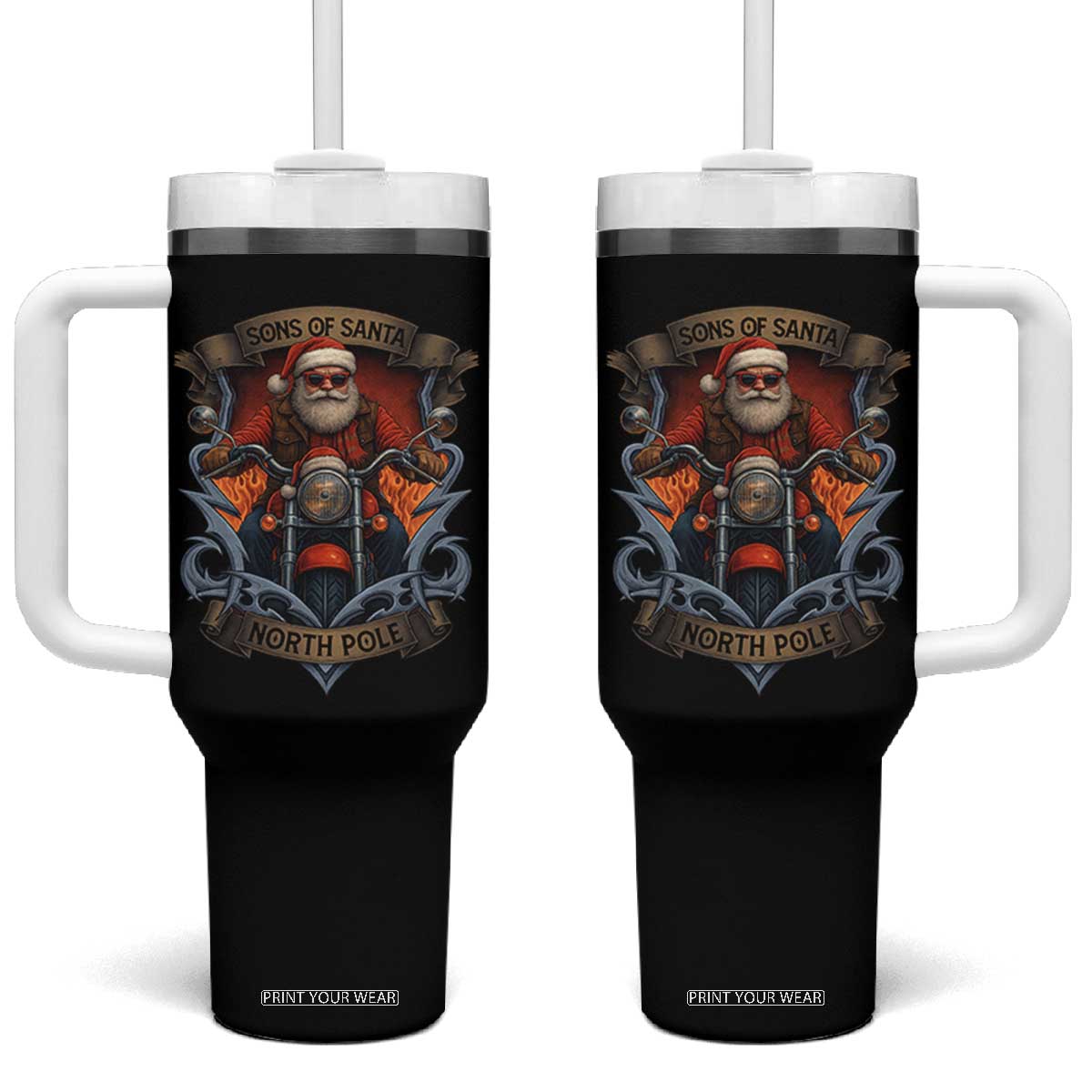 Funny Christmas Motorcycle Santa Tumbler With Handle Sons Of Santa North Pole Xmas Biker TS11 One Size: 40 oz Black Print Your Wear