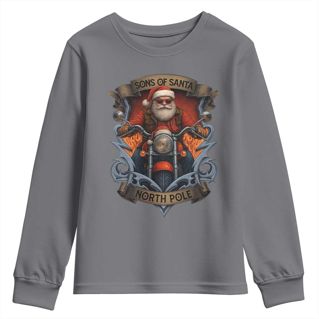 Funny Christmas Motorcycle Santa Youth Sweatshirt Sons Of Santa North Pole Xmas Biker TS11 Charcoal Print Your Wear