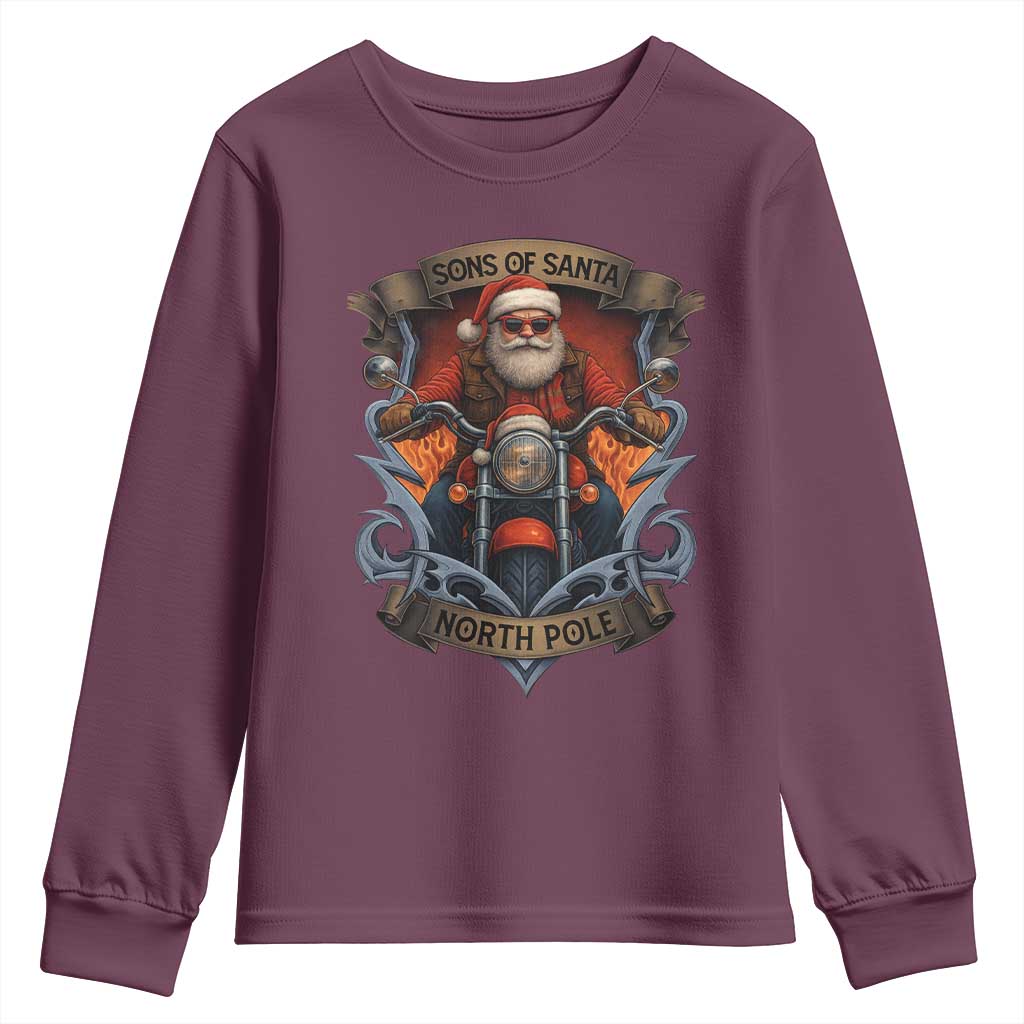 Funny Christmas Motorcycle Santa Youth Sweatshirt Sons Of Santa North Pole Xmas Biker TS11 Maroon Print Your Wear