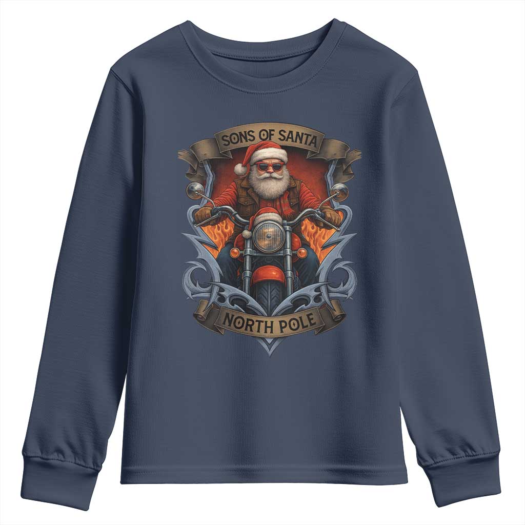 Funny Christmas Motorcycle Santa Youth Sweatshirt Sons Of Santa North Pole Xmas Biker TS11 Navy Print Your Wear