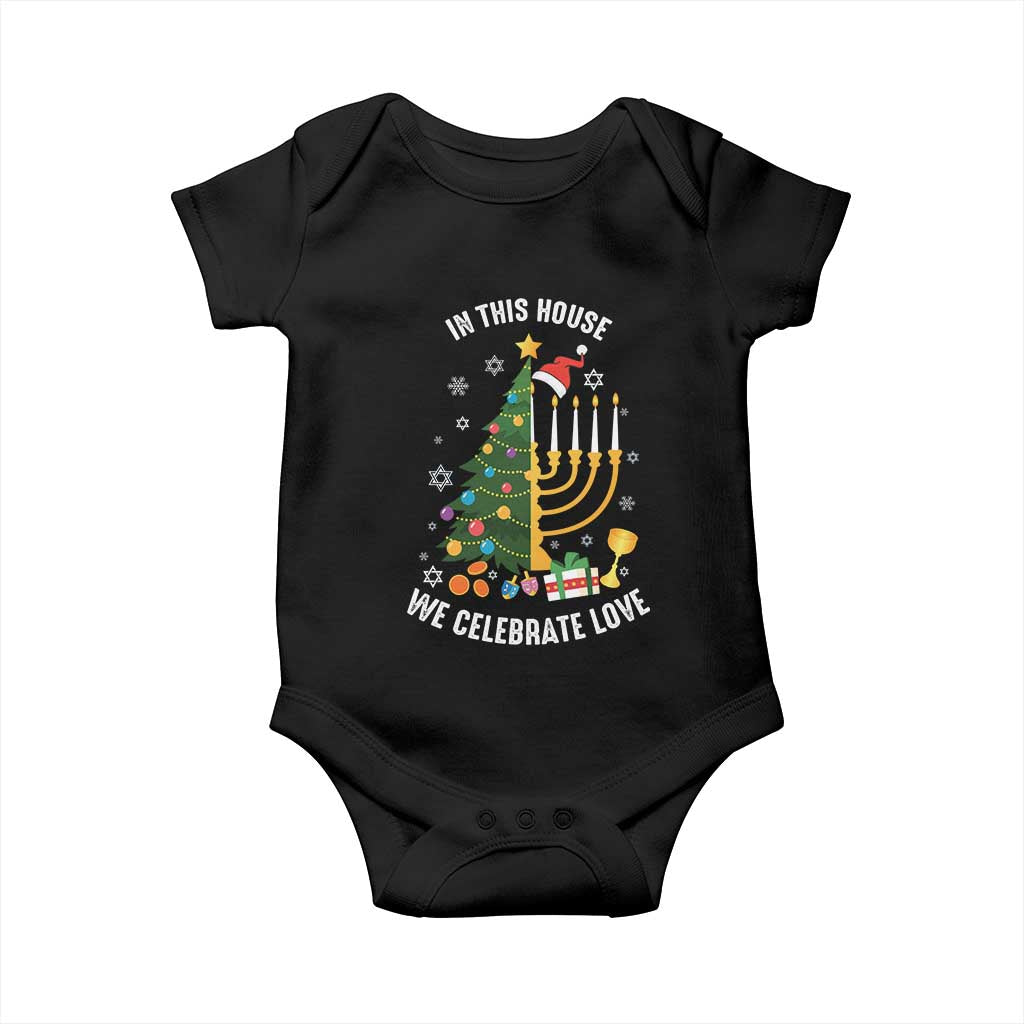Funny Chrismukkah Hanukkah Christmas Baby Onesie In This House We Celebrate Love Xmas Tree Menorah TS11 Black Print Your Wear