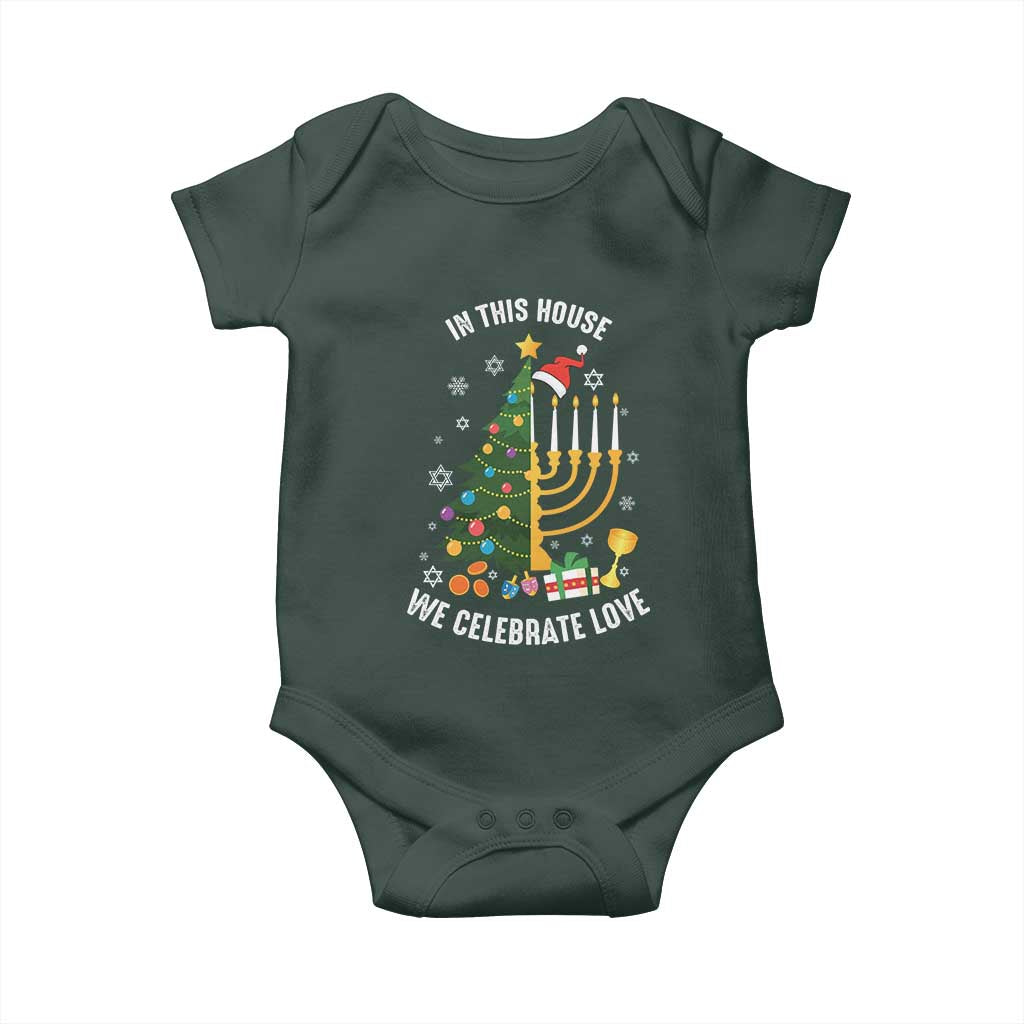 Funny Chrismukkah Hanukkah Christmas Baby Onesie In This House We Celebrate Love Xmas Tree Menorah TS11 Print Your Wear