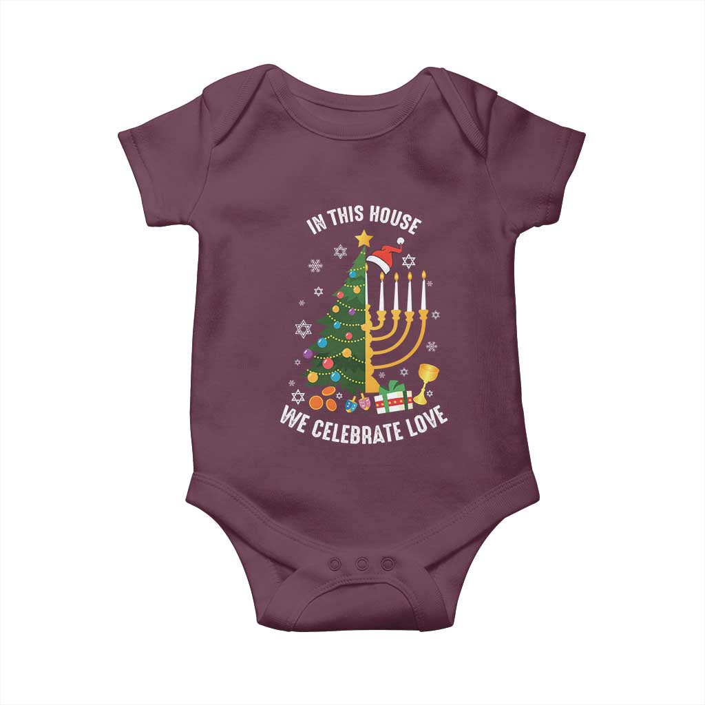 Funny Chrismukkah Hanukkah Christmas Baby Onesie In This House We Celebrate Love Xmas Tree Menorah TS11 Maroon Print Your Wear
