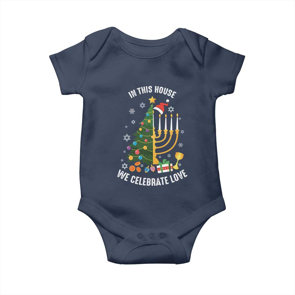 Funny Chrismukkah Hanukkah Christmas Baby Onesie In This House We Celebrate Love Xmas Tree Menorah TS11 Navy Print Your Wear