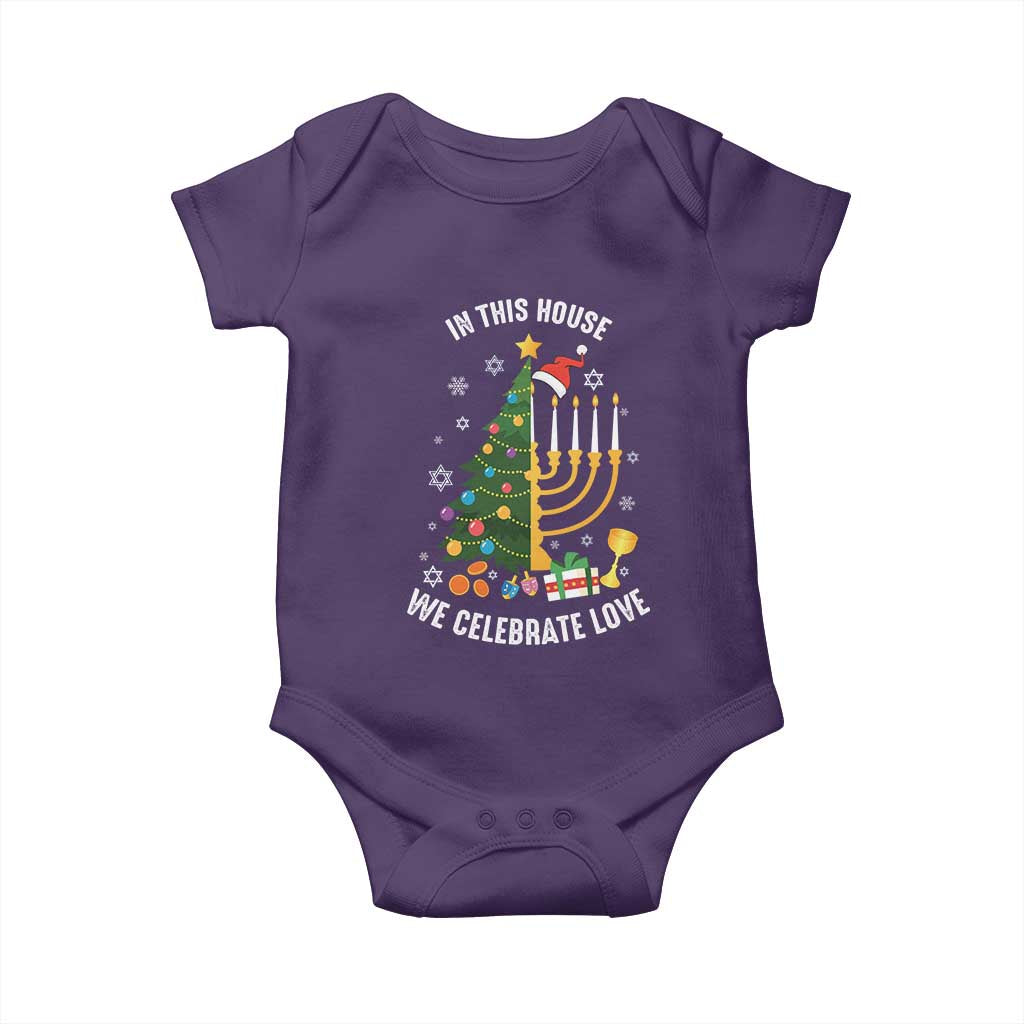 Funny Chrismukkah Hanukkah Christmas Baby Onesie In This House We Celebrate Love Xmas Tree Menorah TS11 Purple Print Your Wear
