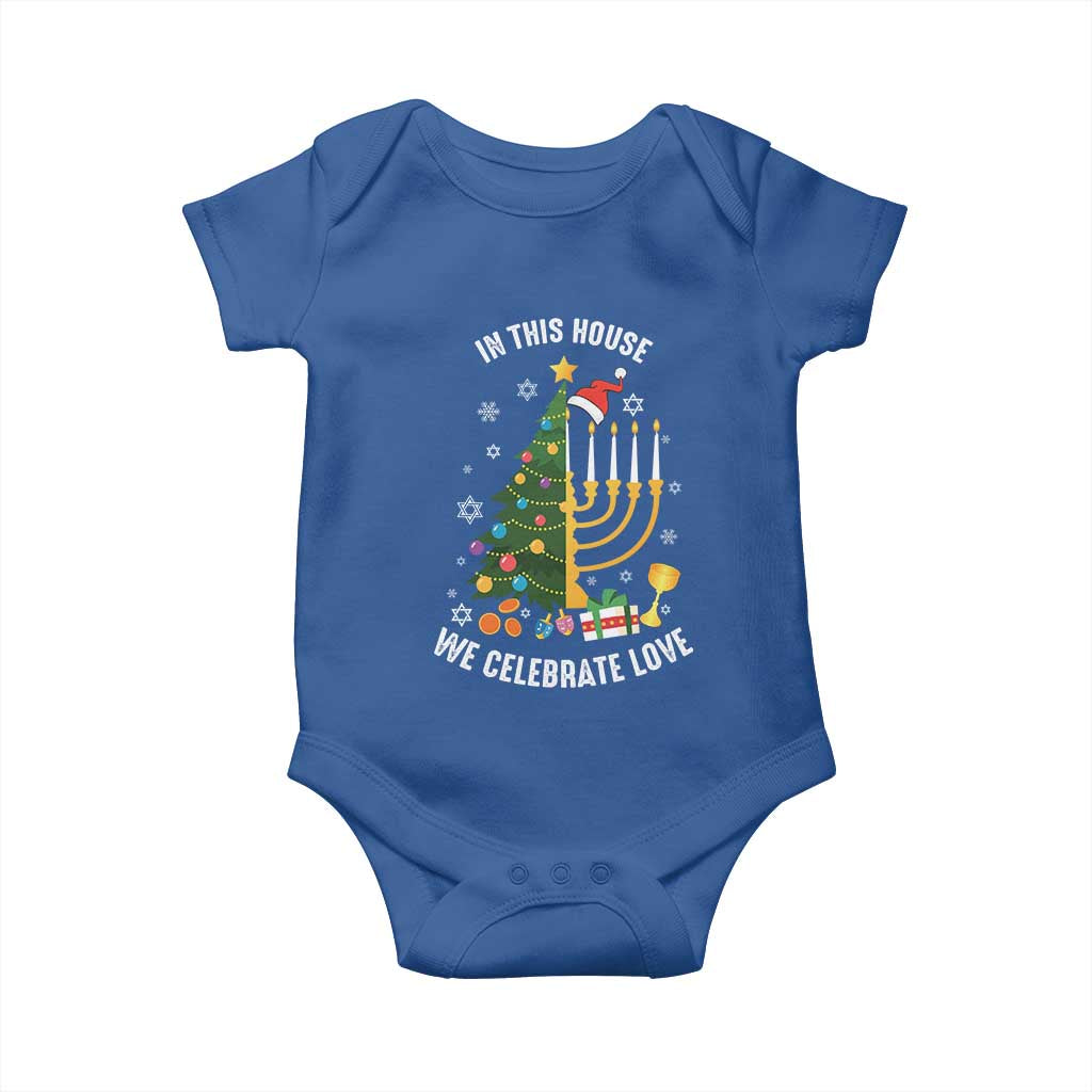 Funny Chrismukkah Hanukkah Christmas Baby Onesie In This House We Celebrate Love Xmas Tree Menorah TS11 Royal Blue Print Your Wear