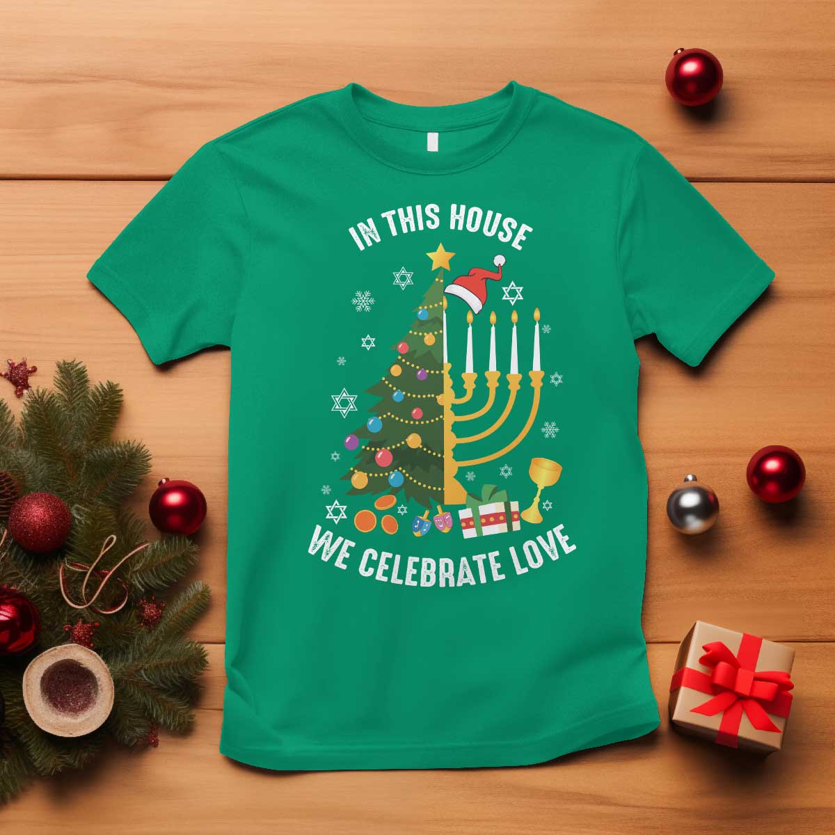 Funny Chrismukkah Hanukkah Christmas T Shirt In This House We Celebrate Love Xmas Tree Menorah TS11 Irish Green Print Your Wear