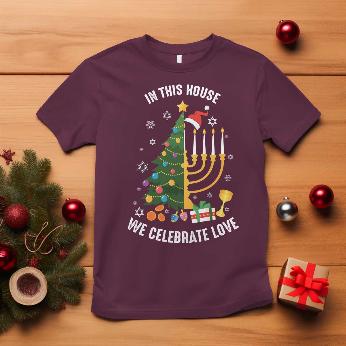 Funny Chrismukkah Hanukkah Christmas T Shirt In This House We Celebrate Love Xmas Tree Menorah TS11 Maroon Print Your Wear