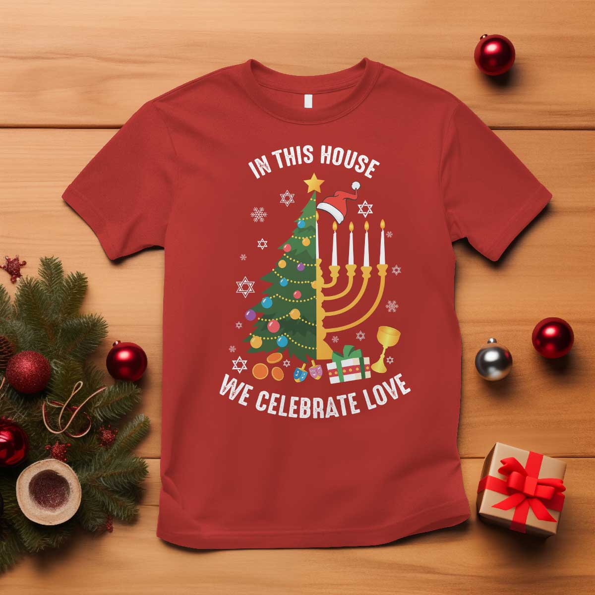 Funny Chrismukkah Hanukkah Christmas T Shirt In This House We Celebrate Love Xmas Tree Menorah TS11 Red Print Your Wear