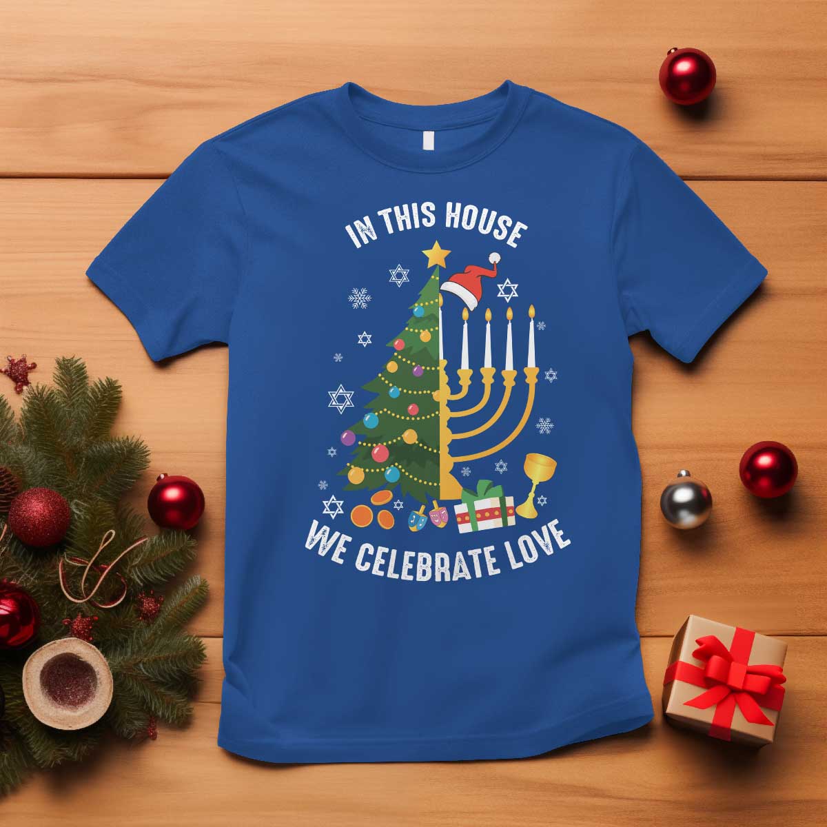 Funny Chrismukkah Hanukkah Christmas T Shirt In This House We Celebrate Love Xmas Tree Menorah TS11 Royal Blue Print Your Wear