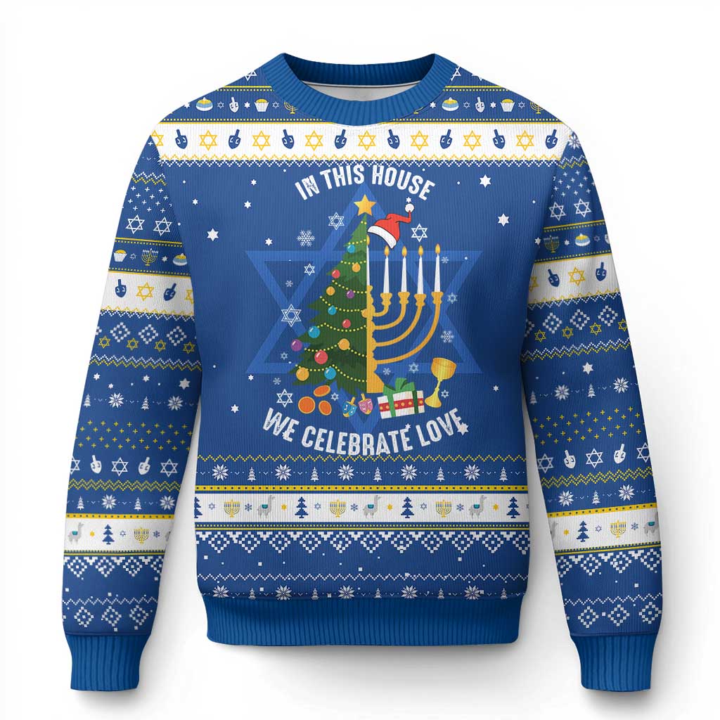 Funny Chrismukkah Chanukah Christmas Hanukkah Ugly Sweater In This House We Celebrate Love Xmas Tree Menorah TS11 Blue White Print Your Wear