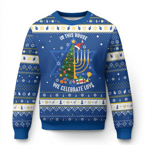 Funny Chrismukkah Chanukah Christmas Hanukkah Ugly Sweater In This House We Celebrate Love Xmas Tree Menorah TS11 Blue White Print Your Wear