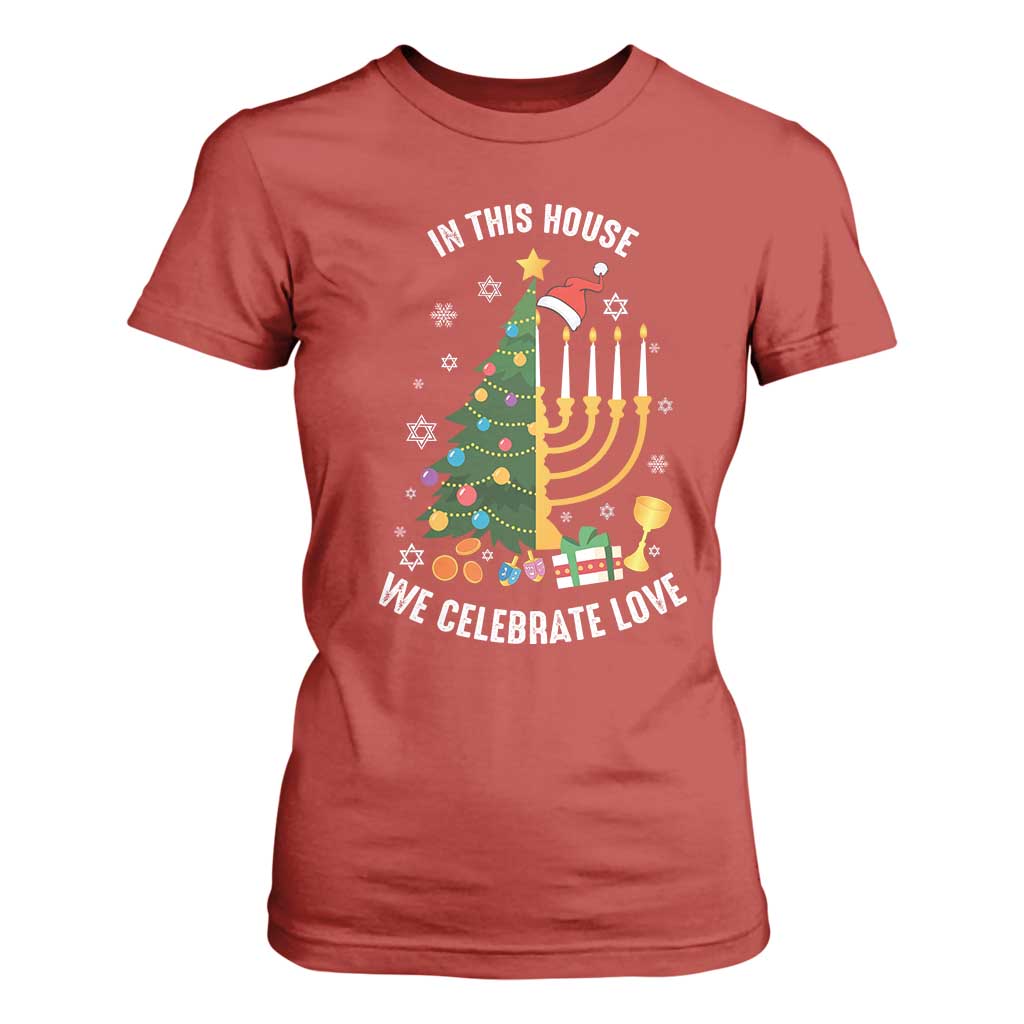 Funny Chrismukkah Hanukkah Christmas T Shirt For Women In This House We Celebrate Love Xmas Tree Menorah TS11 Red Print Your Wear