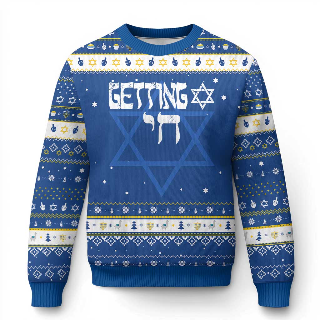 Funny Hebrew Hanukkah Ugly Sweater Getting Chai Jewish Vintage David Star TS11 Blue White Print Your Wear