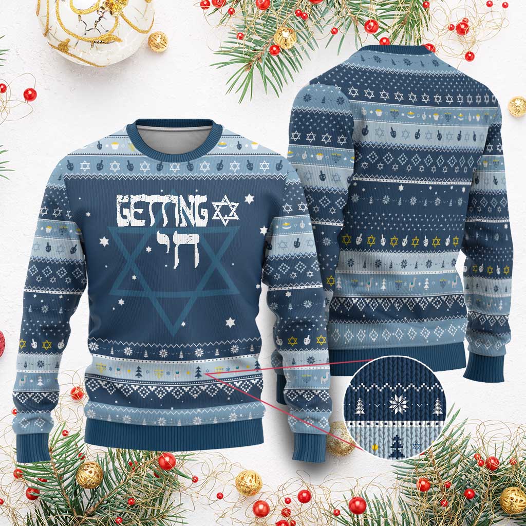 Funny Hebrew Hanukkah Ugly Sweater Getting Chai Jewish Vintage David Star TS11 Navy Light Blue Print Your Wear