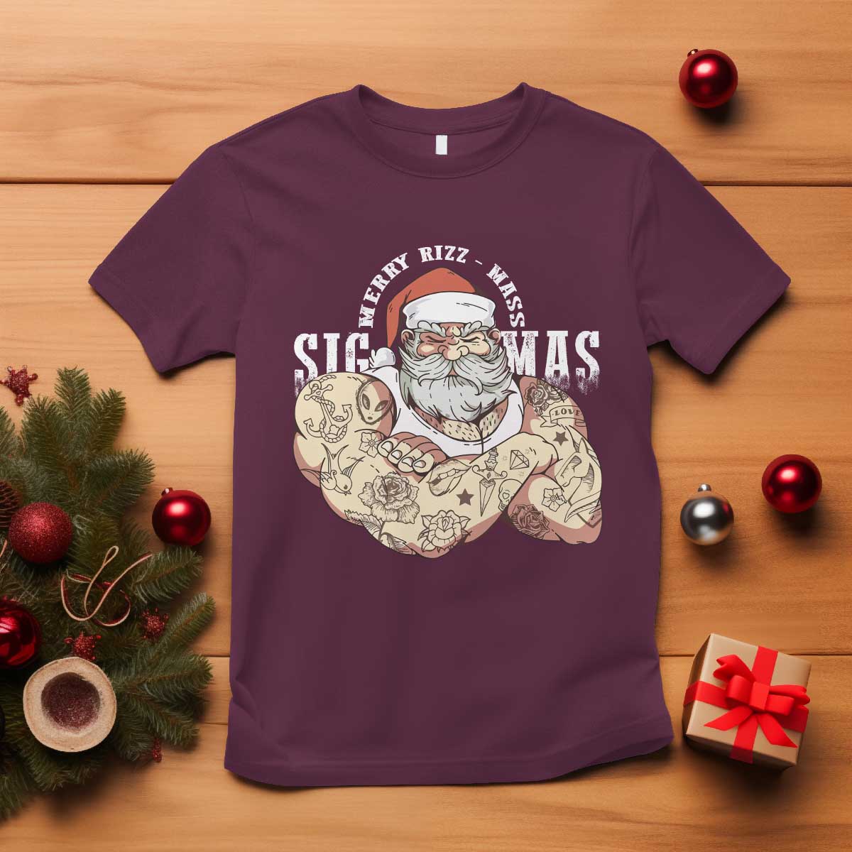 Funny Christmas Santa T Shirt Merry Rizzmas Sigmas Charisma Rizz Santa TS11 Maroon Print Your Wear