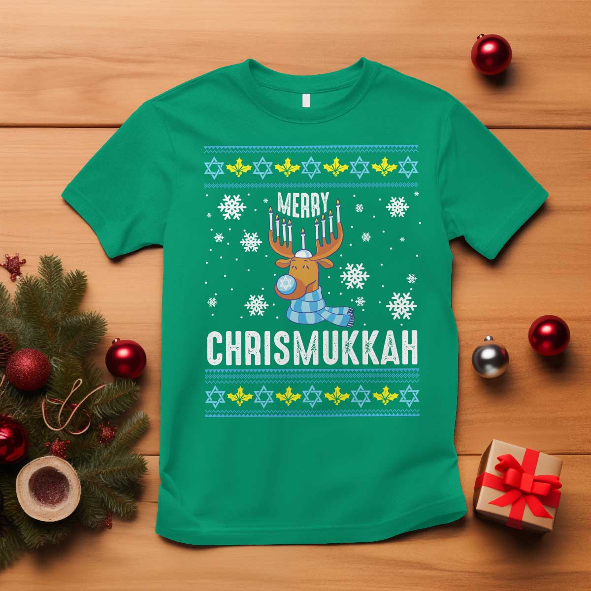 Funny Hanukkah Christmas T Shirt Merry Chrismukkah Reindeer David Stars Menorah TS11 Irish Green Print Your Wear