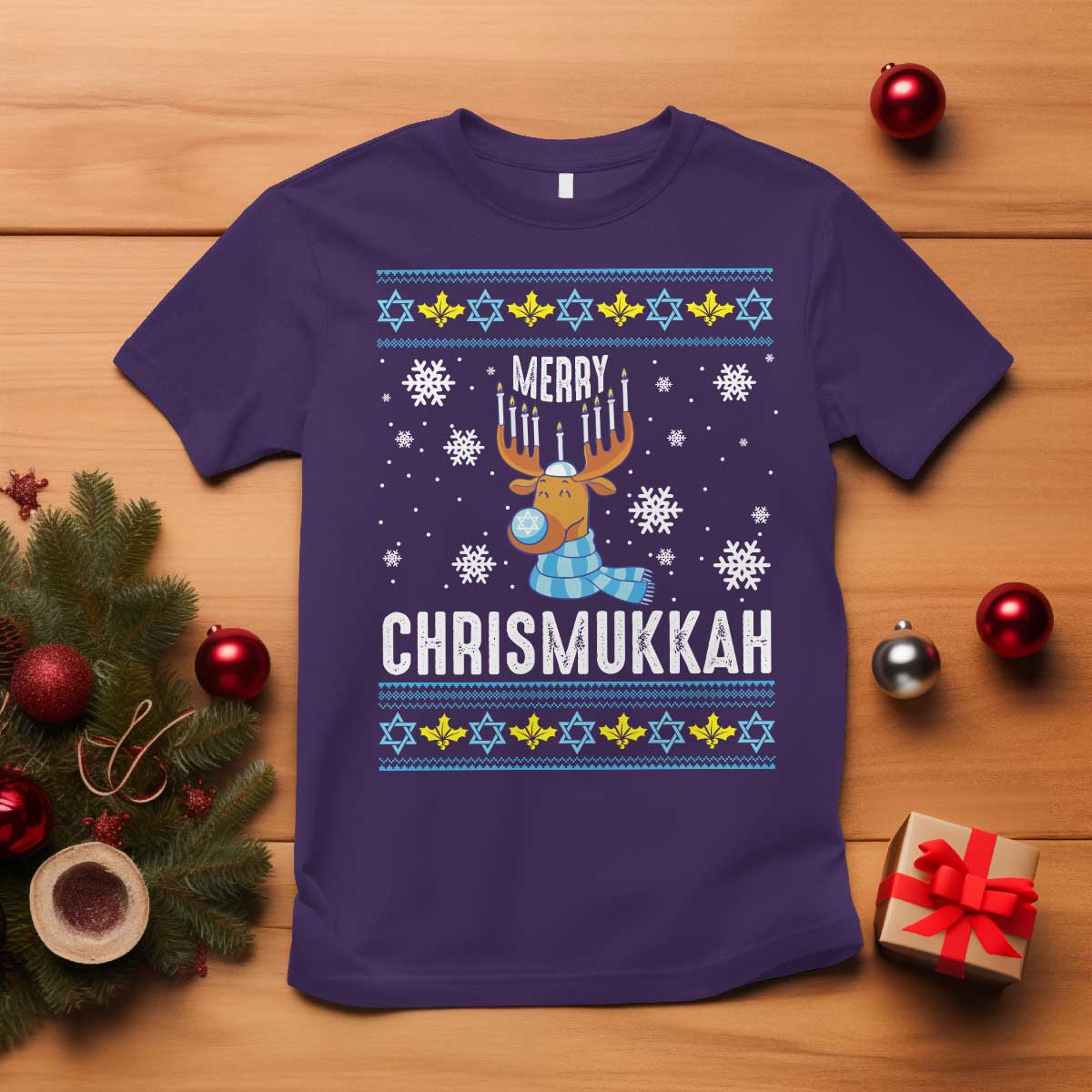Funny Hanukkah Christmas T Shirt Merry Chrismukkah Reindeer David Stars Menorah TS11 Purple Print Your Wear
