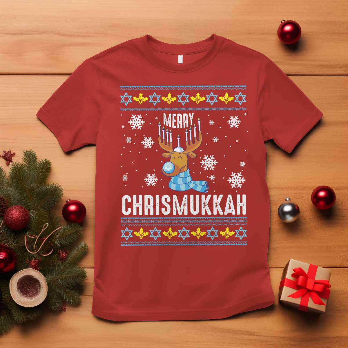 Funny Hanukkah Christmas T Shirt Merry Chrismukkah Reindeer David Stars Menorah TS11 Red Print Your Wear