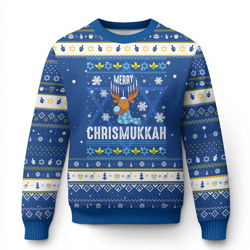 Funny Chanukah Christmas Hanukkah Ugly Sweater Merry Chrismukkah Reindeer David Stars Menorah TS11 Blue White Print Your Wear