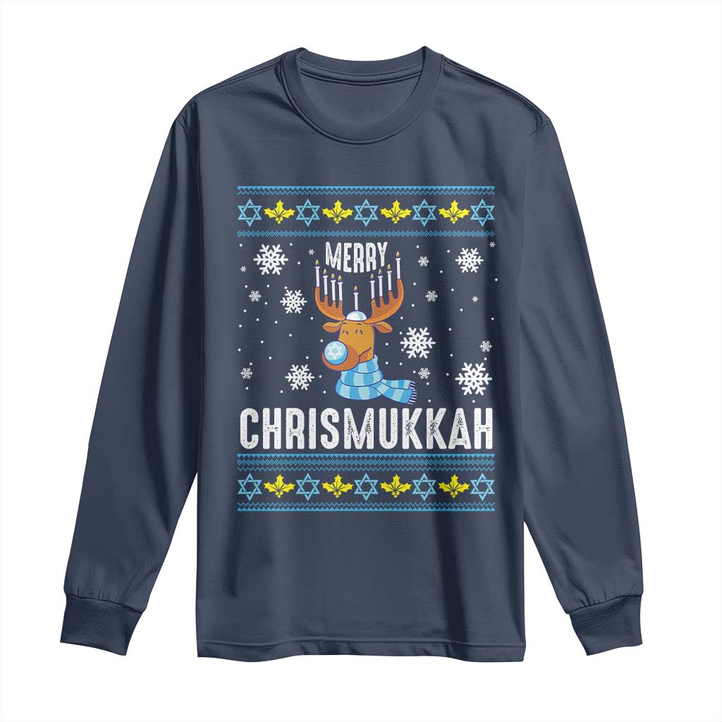 Funny Hanukkah Christmas Long Sleeve Shirt Merry Chrismukkah Reindeer David Stars Menorah TS11 Navy Print Your Wear